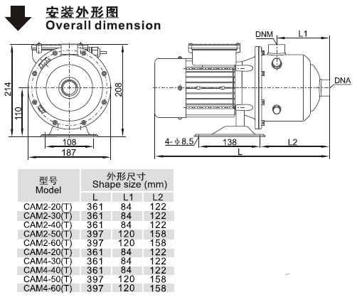 CAM系列臥式多級(jí)離心泵安裝外形圖